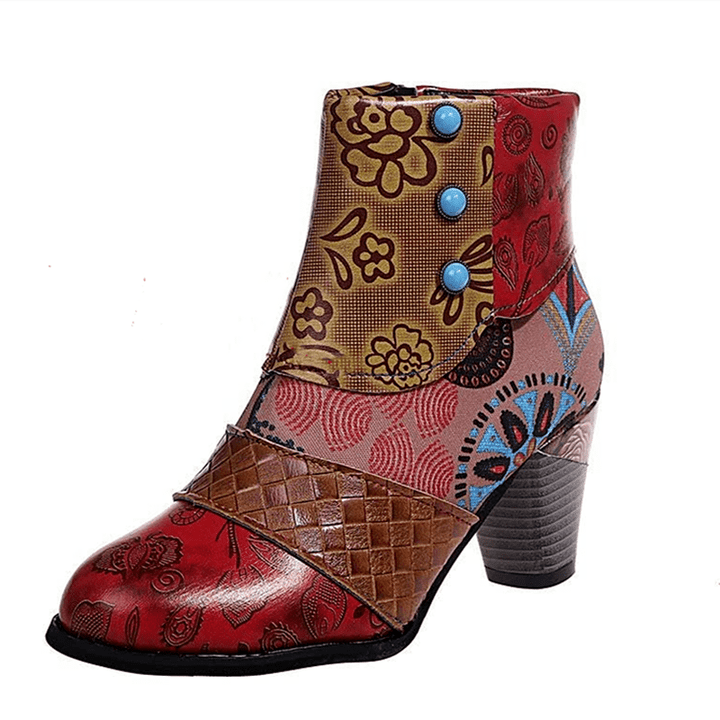 Women Shoes Splicing Printed Ankle Boots for Female PU Leather Retro Block High Heels Bohemian Ladies Spring Autumn Short Boots