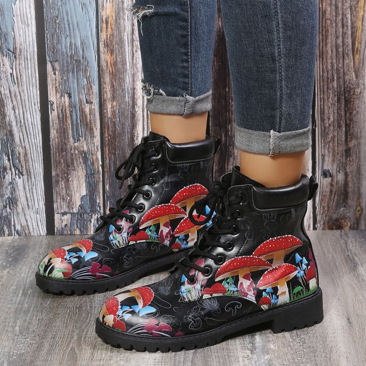 Mushroom print lace-up workwear boots Everyday black/red women's boots Plus size women's shoes