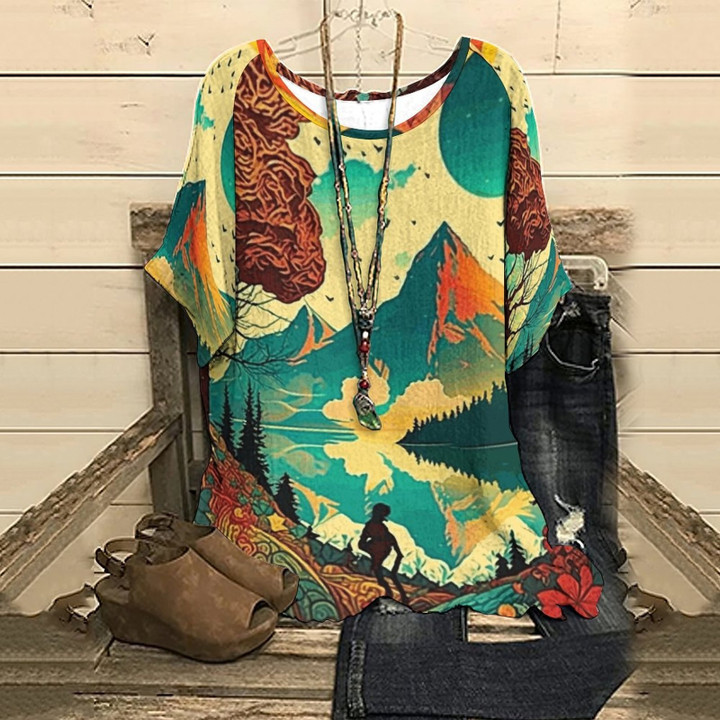 Women's Boho Art Hippie Printing Top Vintage Pullover Summer Loose Short Sleeves Oversized Y2k Tee T Shirt Streetwear Female