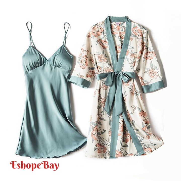 Women's Silky Print Pajama Set - 5 Piece Sleepwear Ensemble - Includes Satin Lace Sleep Pyjama, Lounge Wear with Belt, Chest Pads, and Sexy Straps - Perfect for Home Nightwear