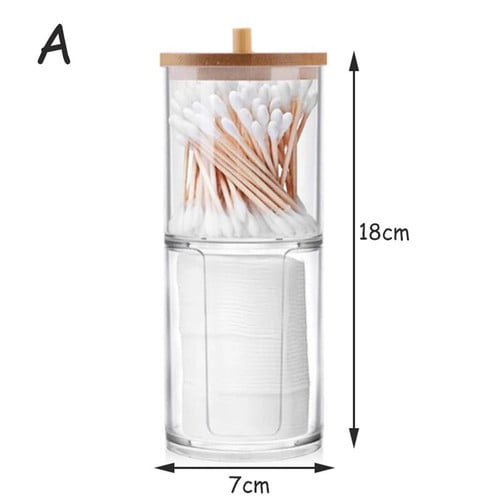 Acrylic Storage Box Bathroom Jar Makeup Organizer Cotton Round Pad Holder Cotton Swab Box Qtip Holder Dispenser with Bamboo Lid