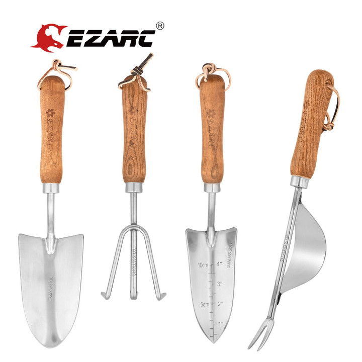 EZARC 4Pcs Garden Tools Set for Gardening Orchard Bonsai Kit Stainless Steel Garden Set Utensils with Rake, Shovel and Forks