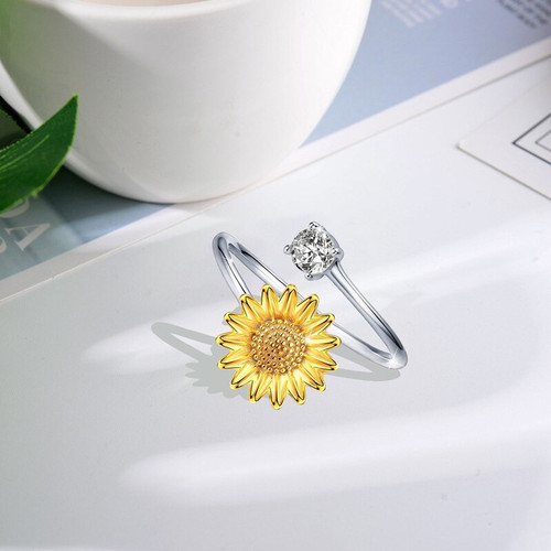 Sunflower Ring S925 Sterling Silver Adjustable Dainty Gold Flower