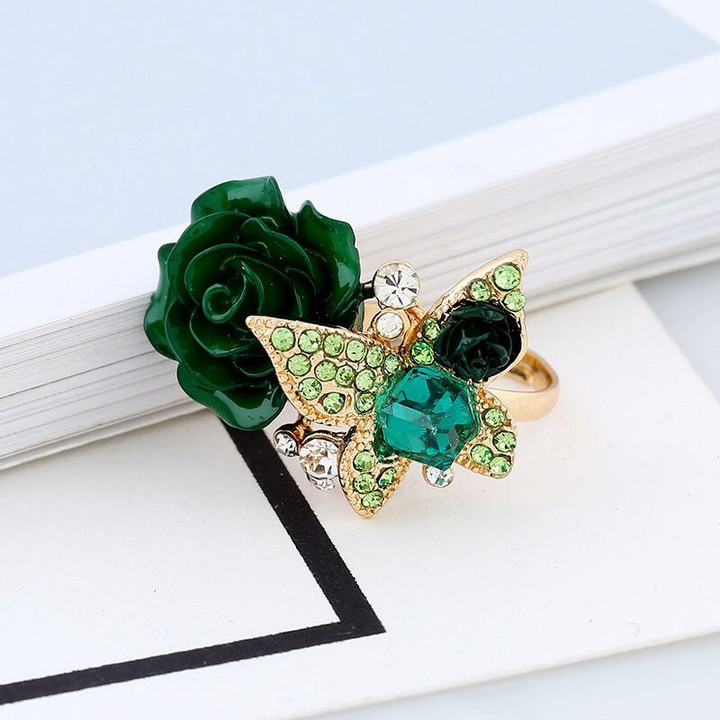 Colorful Resin Rose Flower Ring Opening Resizable Gothic Crystal Finger Ring Wedding Engagement Party Vintage Jewelry for Women