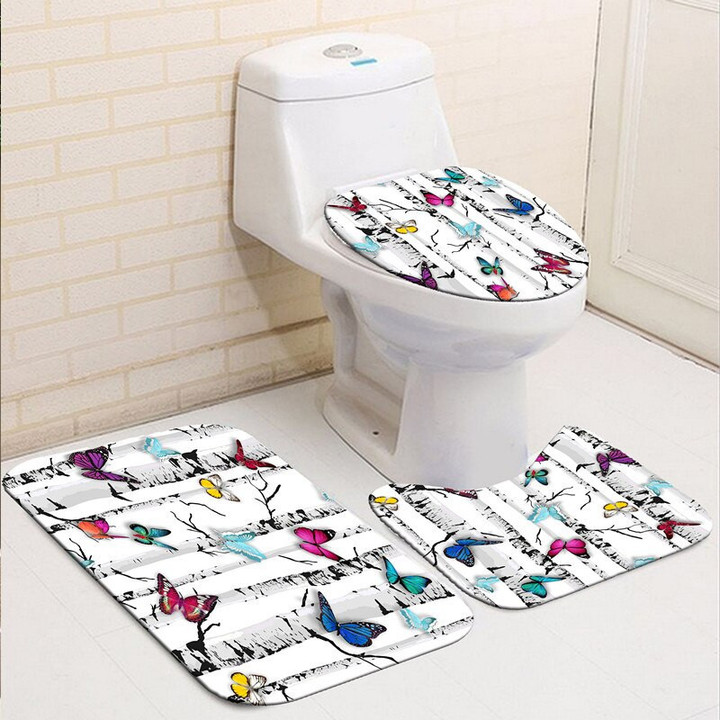Butterfly Bathroom Waterproof Shower Curtain Set with 12 Hooks Toilet Seat Cover