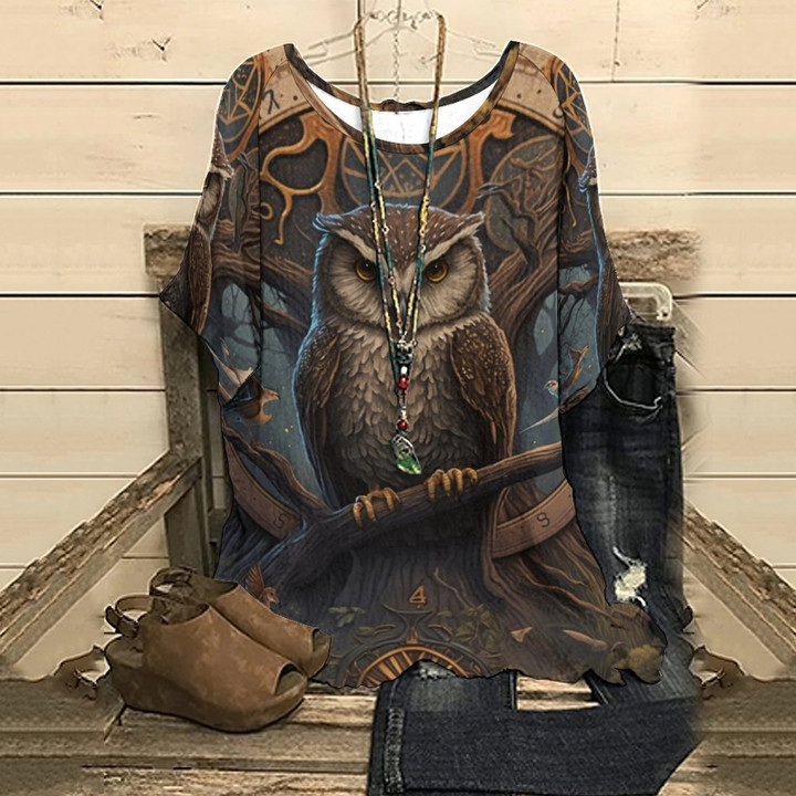 Summer Women's Half Sleeve T-Shirt Fashion Owl Forest Runes Butterfly Print Top Tee
