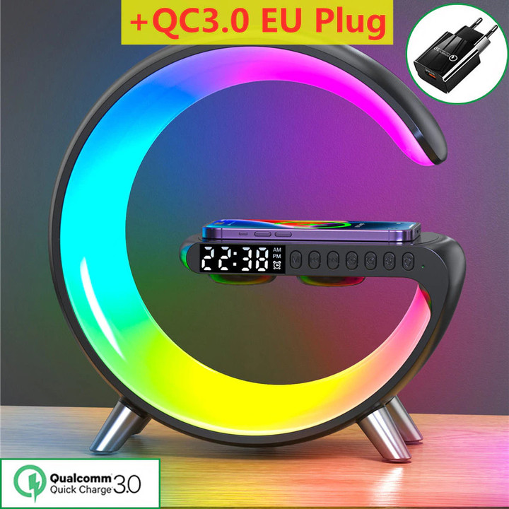 This is a Discount for you - Multifunctional Wireless Charger Alarm Clock Speaker APP Control RGB Night Light Charging Station for Iphone 11 12 13 14 Samsung