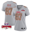 Travis Kelce 87 Kansas City Chiefs Super Bowl LVIII Champions 4 Stars Patch Atmosphere Fashion Game Women Jersey - Gray