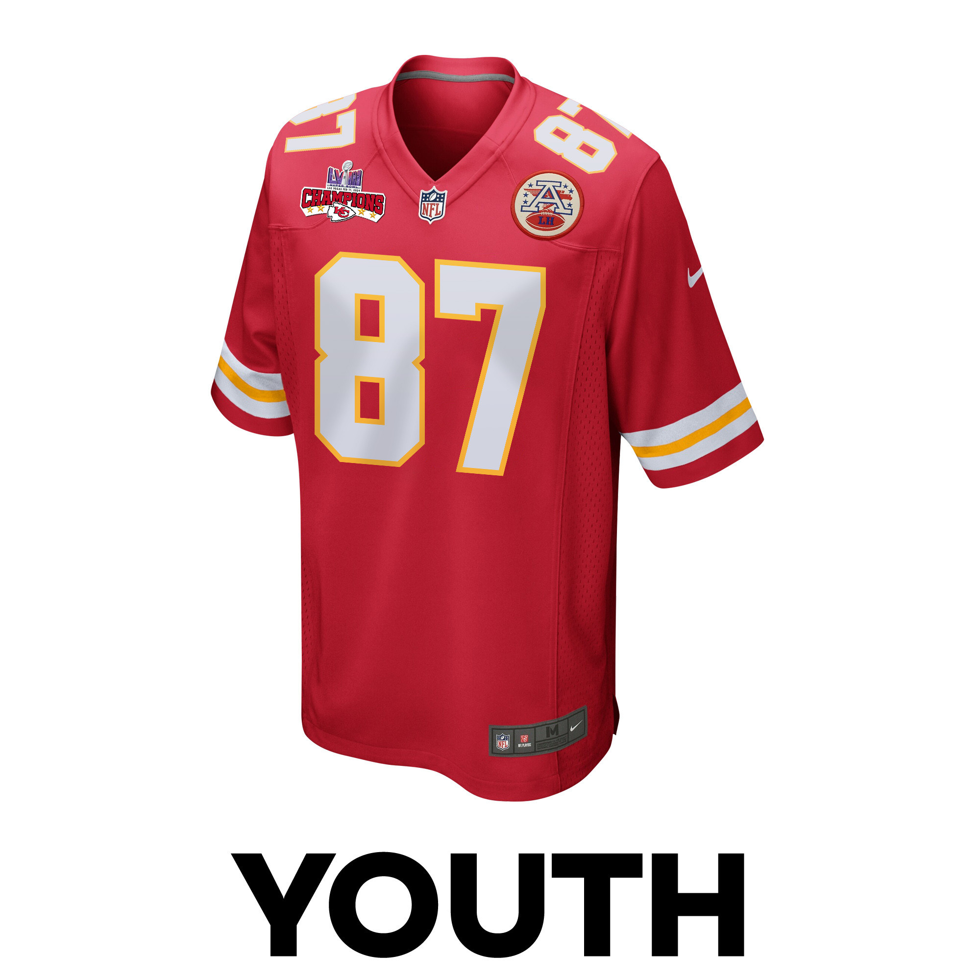Travis Kelce 87 Kansas City Chiefs Super Bowl LVIII Champions 4 Stars Patch Game YOUTH Jersey - Red