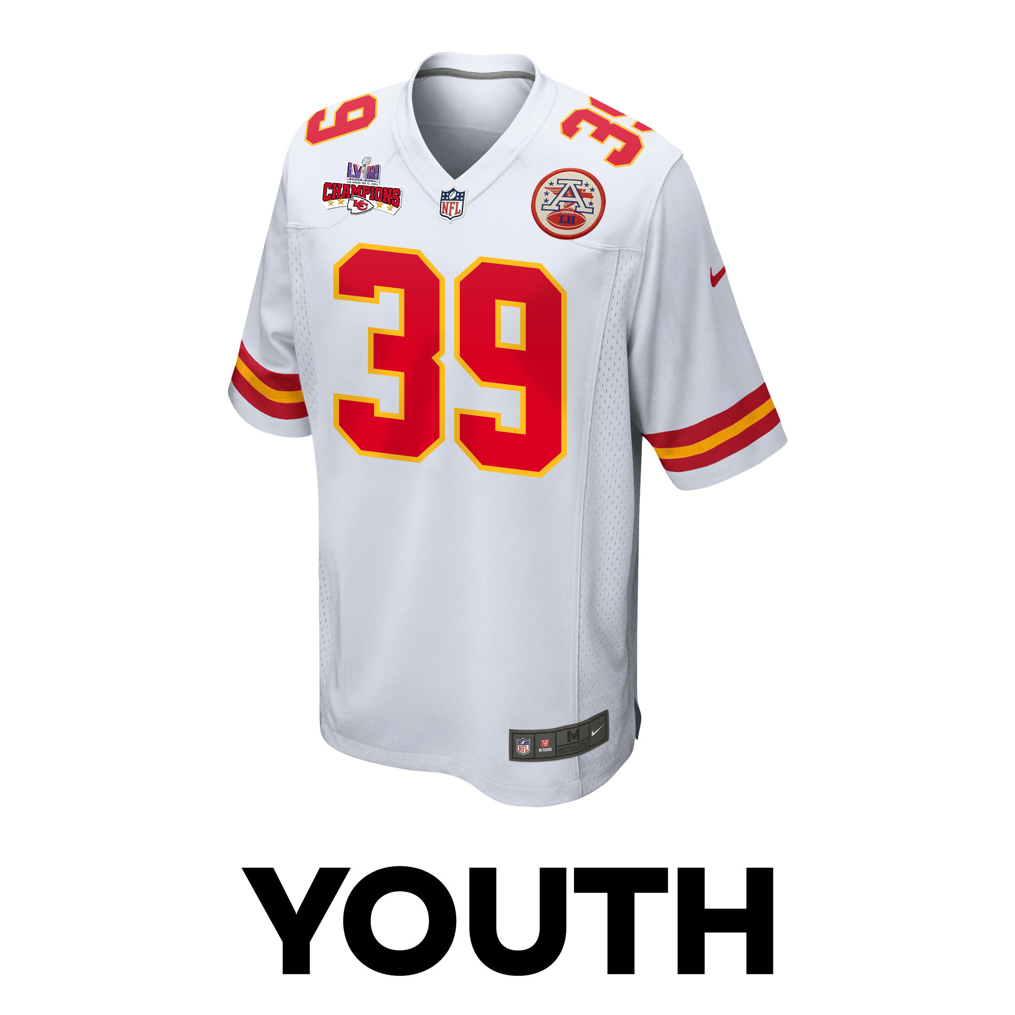 Keith Taylor 39 Kansas City Chiefs Super Bowl LVIII Champions 4 Stars Patch Game YOUTH Jersey - White