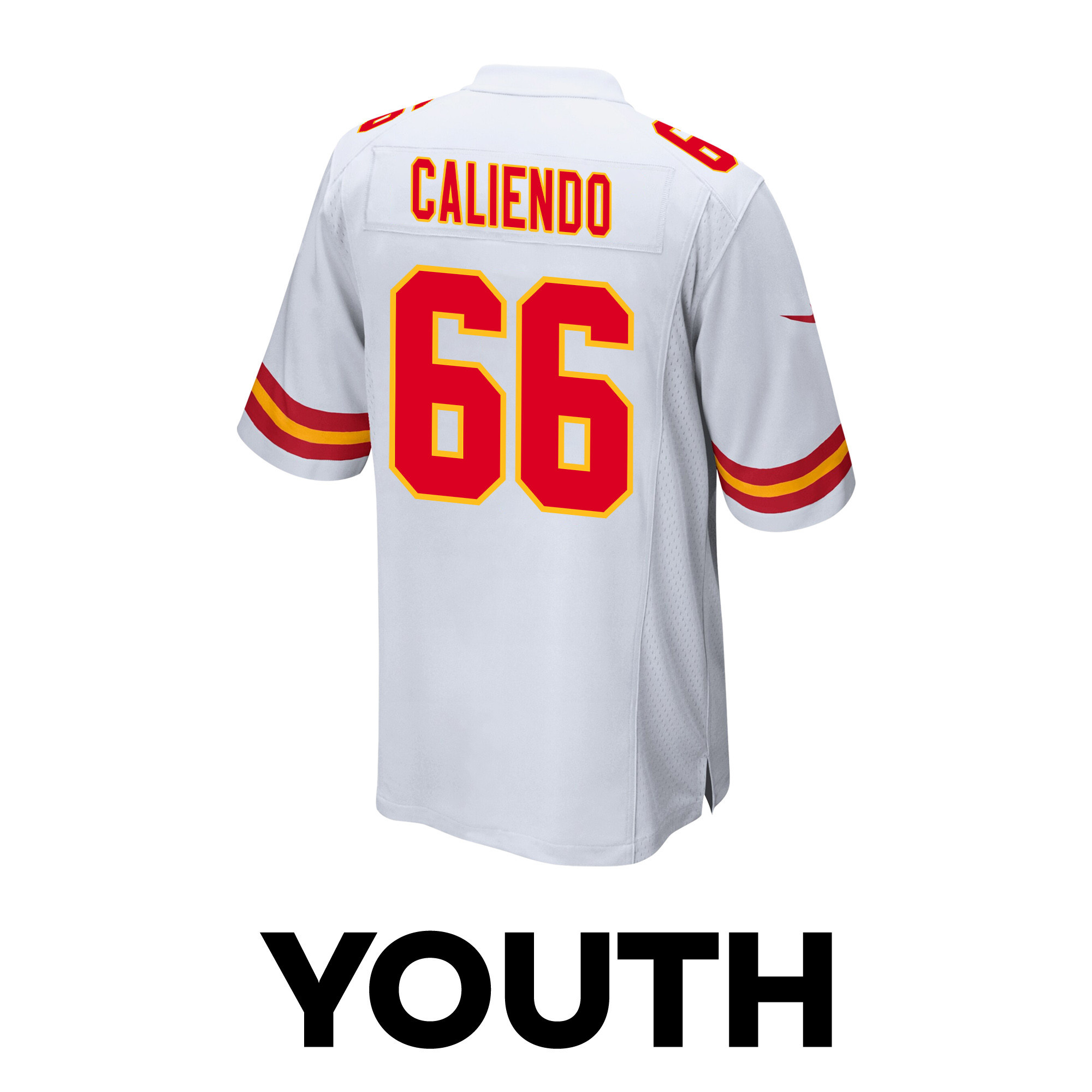 Mike Caliendo 66 Kansas City Chiefs Super Bowl LVIII Champions 4 Stars Patch Game YOUTH Jersey - White