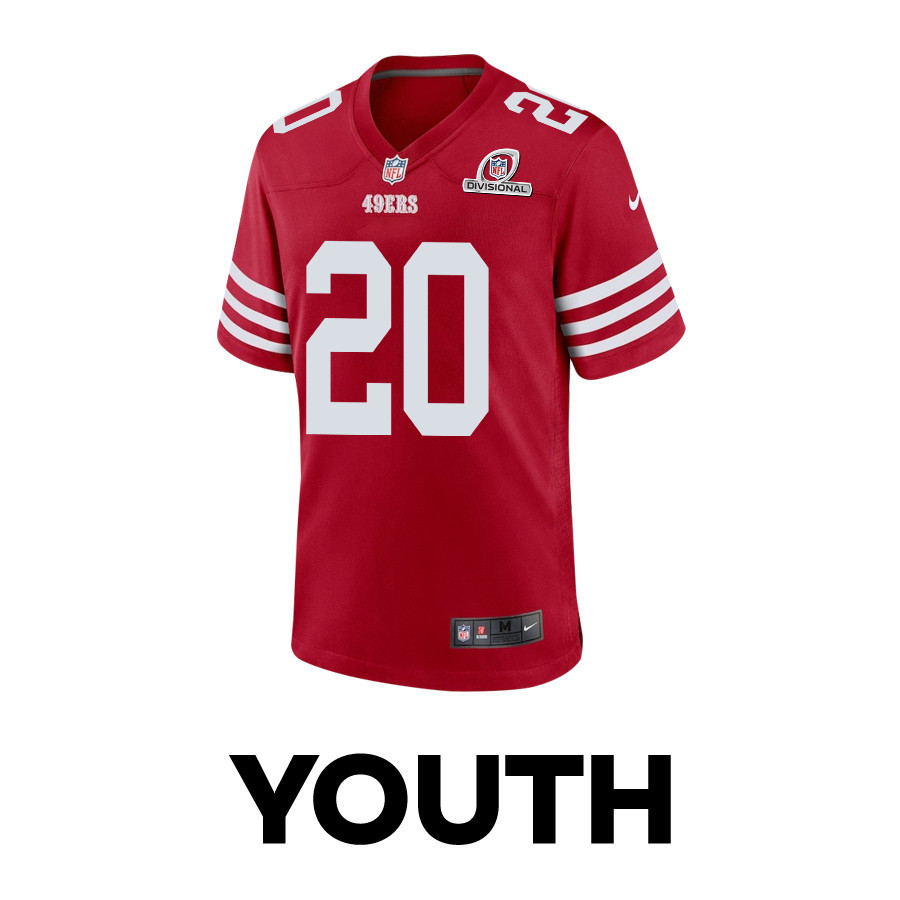 Ambry Thomas 20 San Francisco 49ers 2024 Divisional Patch Game YOUTH Jersey - Scarlet