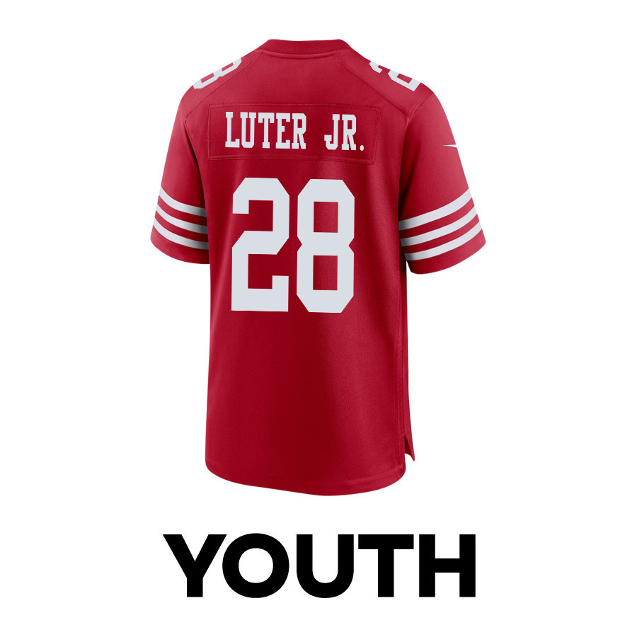 Darrell Luter Jr. 28 San Francisco 49ers 2024 Divisional Patch Game YOUTH Jersey - Scarlet