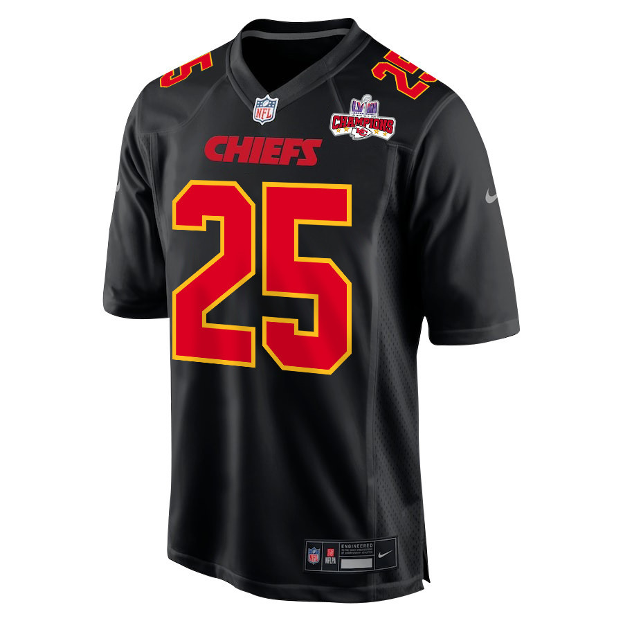 Clyde Edwards-Helaire 25 Kansas City Chiefs Super Bowl LVIII Champions 4 Stars Patch Fashion Game Men Jersey - Carbon Black
