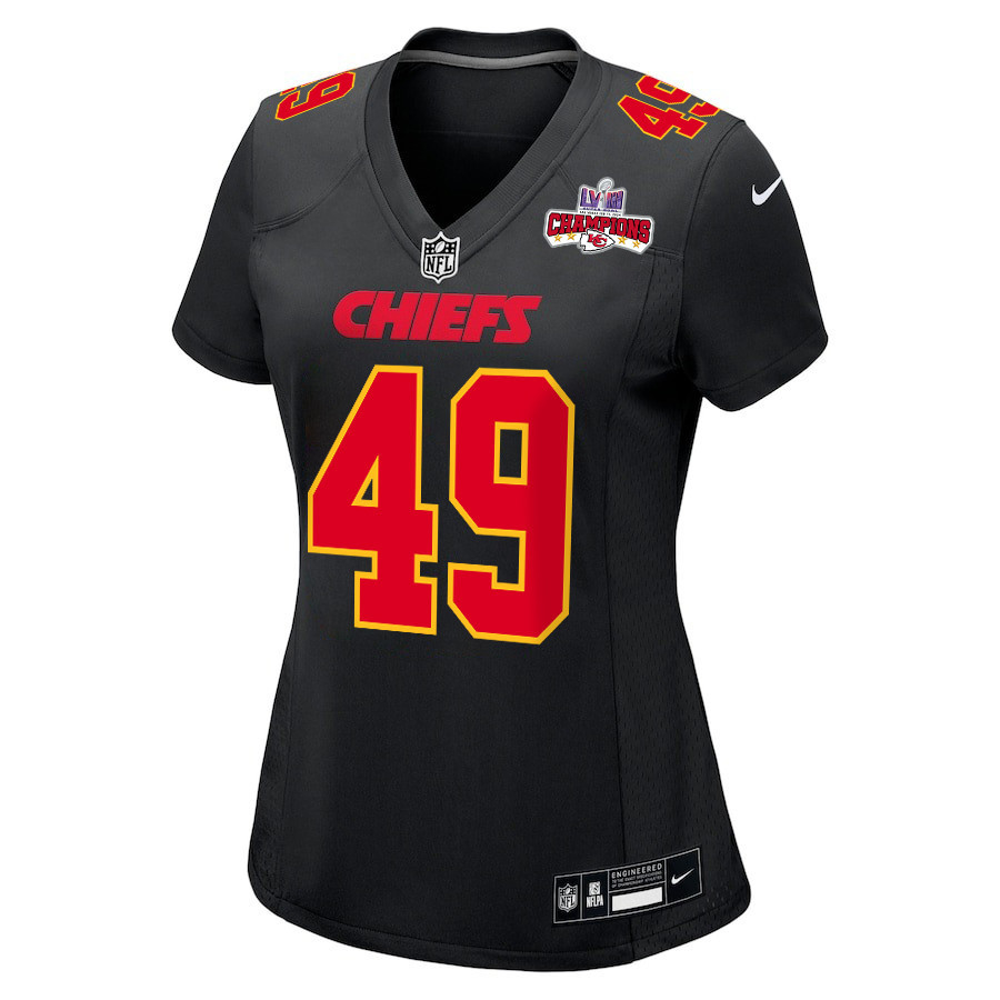Matt Bushman 49 Kansas City Chiefs Super Bowl LVIII Champions 4 Stars Patch Fashion Game Women Jersey - Carbon Black