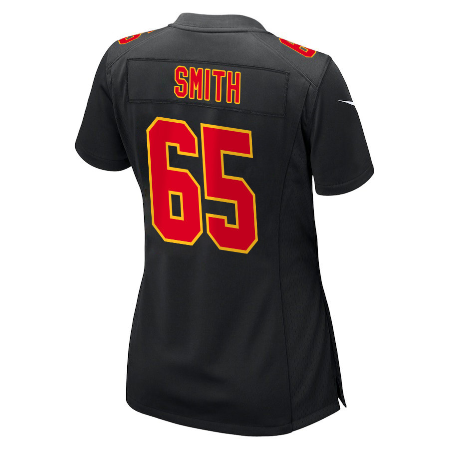 Trey Smith 65 Kansas City Chiefs Super Bowl LVIII Champions 4 Stars Patch Fashion Game Women Jersey - Carbon Black