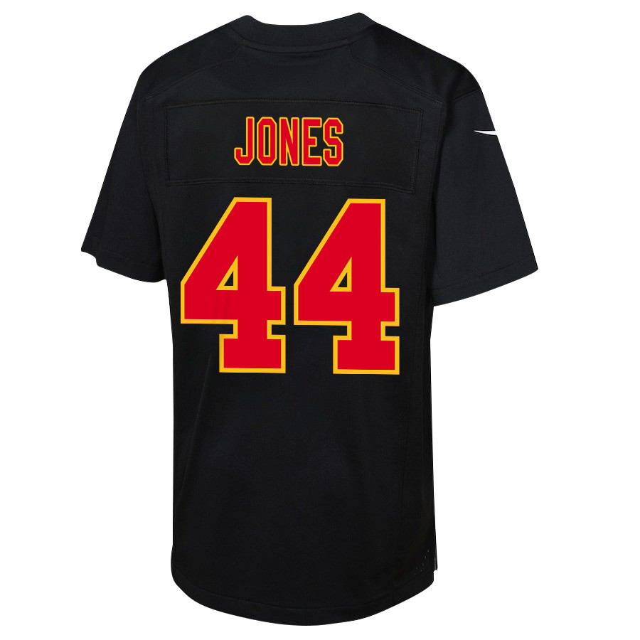 Cam Jones 44 Kansas City Chiefs Super Bowl LVIII Champions 4 Stars Patch Fashion Game YOUTH Jersey - Carbon Black