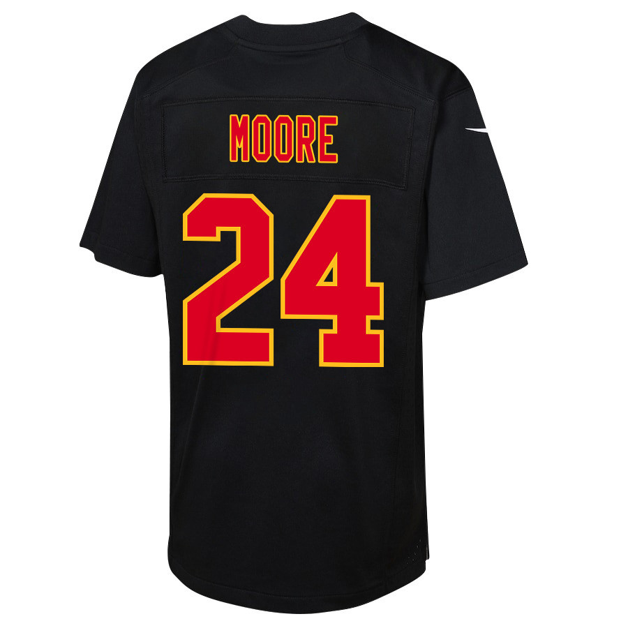 Skyy Moore 24 Kansas City Chiefs Super Bowl LVIII Champions 4 Stars Patch Fashion Game YOUTH Jersey - Carbon Black
