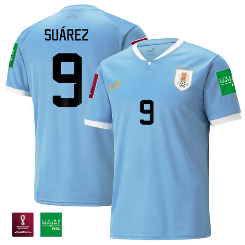 Luis Suárez 9 Uruguay National Team FIFA World Cup Qatar 2022 Patch - Home Youth Blue Jersey