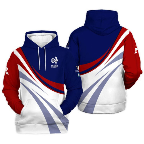 France Rugby Rb Team Six Nations Tournament 2024 Printed Pullover Hoodie - Navy Red