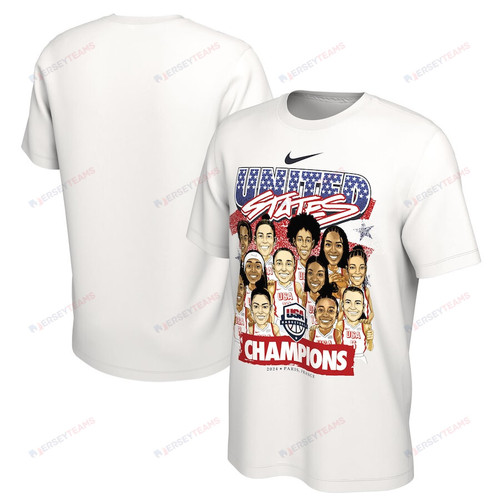 Women's USA Basketball Unisex 2024 Summer Olympics Gold Medal Team Caricature T-Shirt - White