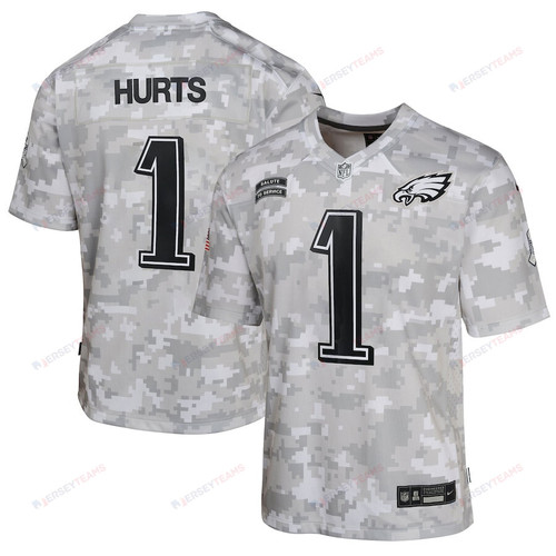Jalen Hurts 1 Philadelphia Eagles 2024 Salute to Service Game YOUTH Jersey - Arctic Camo