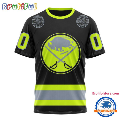 Buffalo Sabres Specialized FireFighter Uniforms Color Design Custom Name Number All Over Printed T-shirt - Black
