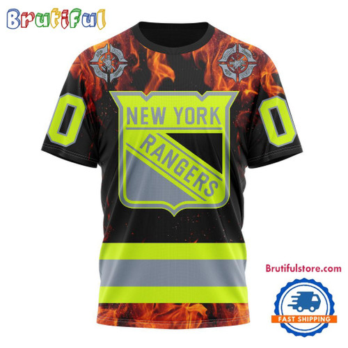 New York Rangers Special Honoring Firefighters Custom Name Number All Over Printed T-shirt - Black