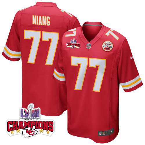 Lucas Niang 77 Kansas City Chiefs Super Bowl LVIII Champions 4 Stars Patch Game Men Jersey - Red