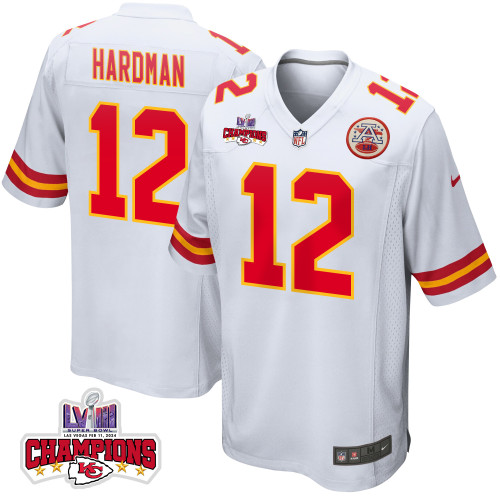 Mecole Hardman 12 Kansas City Chiefs Super Bowl LVIII Champions 4 Stars Patch Game Men Jersey - White