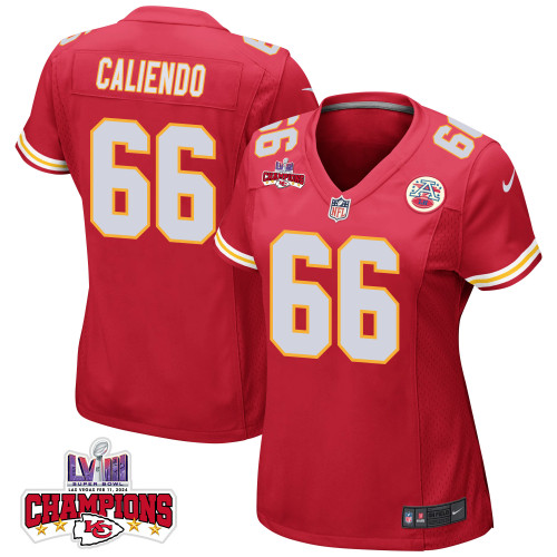 Mike Caliendo 66 Kansas City Chiefs Super Bowl LVIII Champions 4 Stars Patch Game Women Jersey - Red