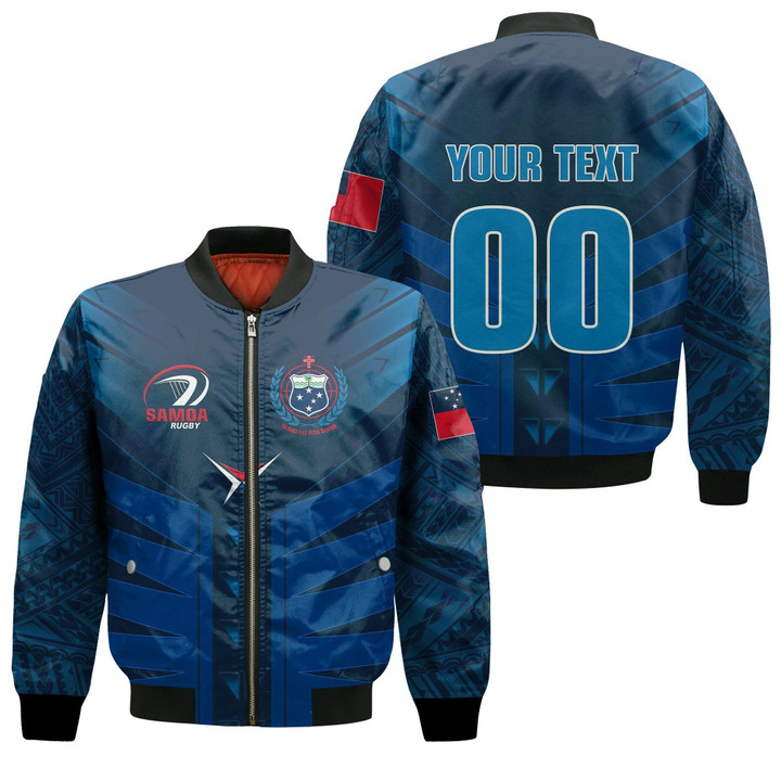 Custom Text & Number Samoa Rb Polynesia Unisex Bomber Jacket - Blue