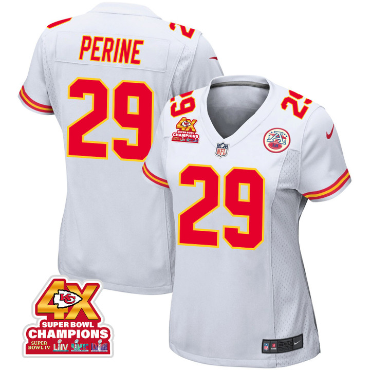 La'Mical Perine 29 Kansas City Chiefs Super Bowl LVIII Champions 4X Game Women Jersey - White