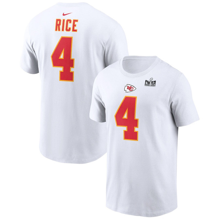Rashee Rice 4 Kansas City Chiefs Super Bowl LVIII Patch T-Shirt - White