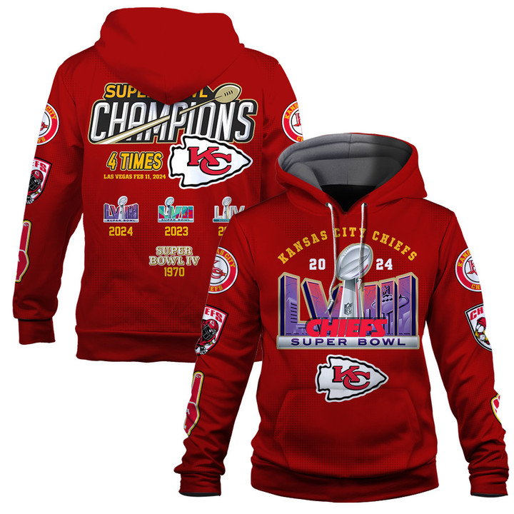 Kansas City Chiefs 4 Times Champions Super Bowl LVIII All Over Printed Pullover Hoodie - Red