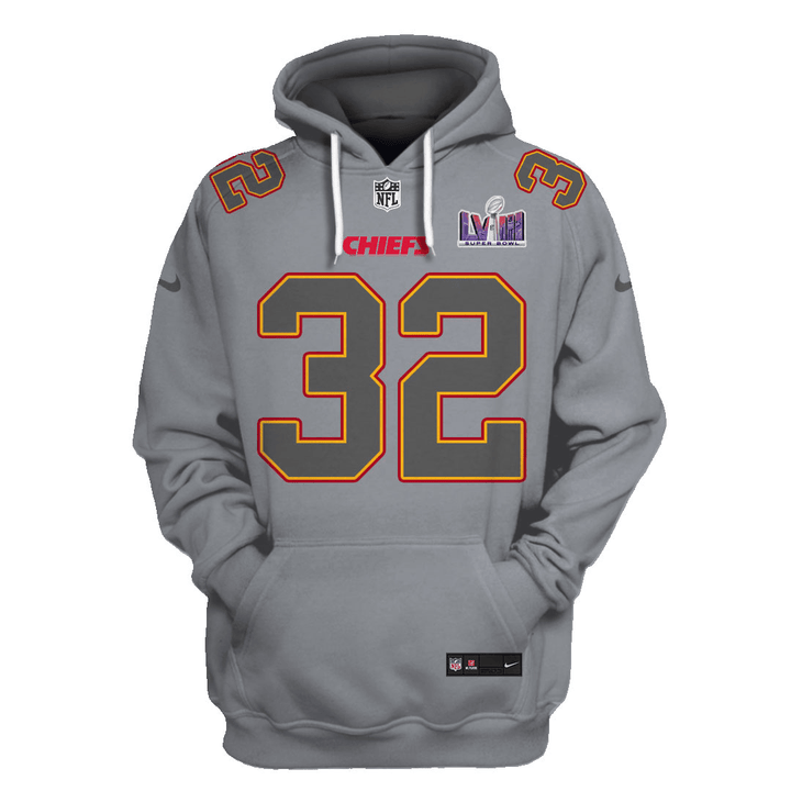 Nick Bolton 32 Kansas City Chiefs Super Bowl LVIII All Over Printed Pullover Hoodie - Gray