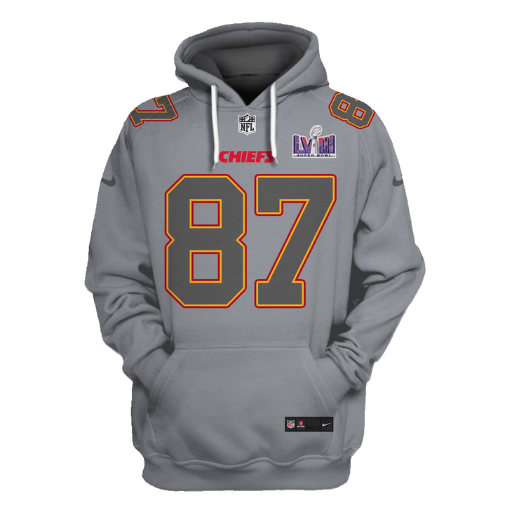 Travis Kelce 87 Kansas City Chiefs Super Bowl LVIII All Over Printed Pullover Hoodie - Gray