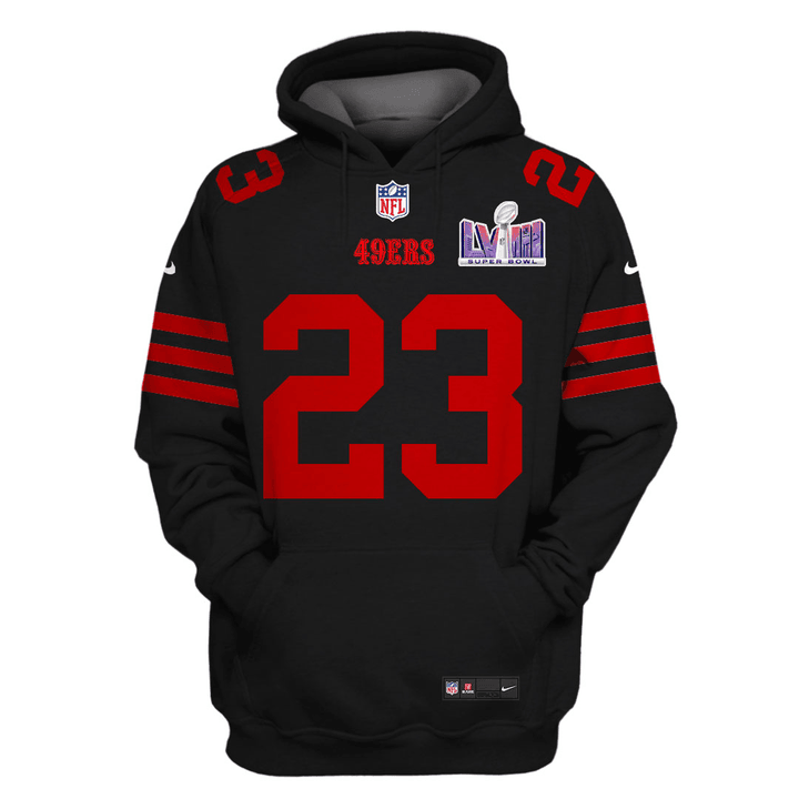 Christian McCaffrey 23 San Francisco 49ers Super Bowl LVIII All Over Printed Pullover Hoodie - Black