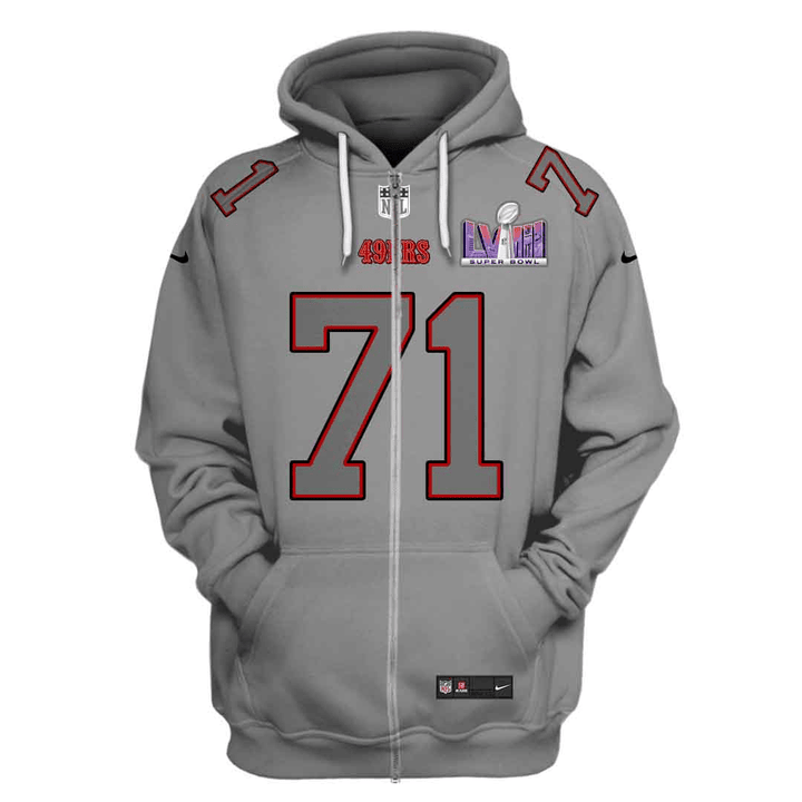 Trent Williams 71 San Francisco 49ers Super Bowl LVIII 3D Printed Zip Hoodie - Gray