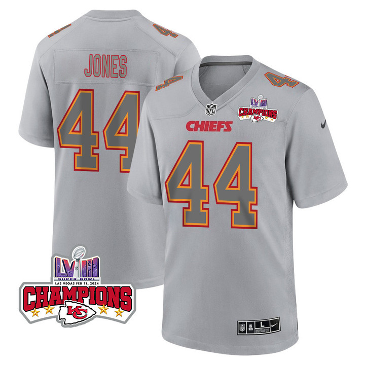Cam Jones 44 Kansas City Chiefs Super Bowl LVIII Champions 4 Stars Patch Atmosphere Fashion Game Men Jersey - Gray