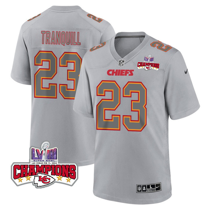 Drue Tranquill 23 Kansas City Chiefs Super Bowl LVIII Champions 4 Stars Patch Atmosphere Fashion Game Men Jersey - Gray