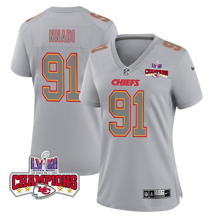 Charles Omenihu 90 Kansas City Chiefs Super Bowl LVIII Champions 4 Stars Patch Atmosphere Fashion Game Women Jersey - Gray