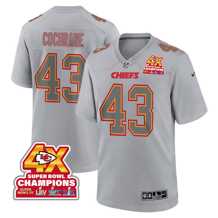 Jack Cochrane 43 Kansas City Chiefs Super Bowl LVIII Champions 4X Atmosphere Fashion Game Men Jersey - Gray