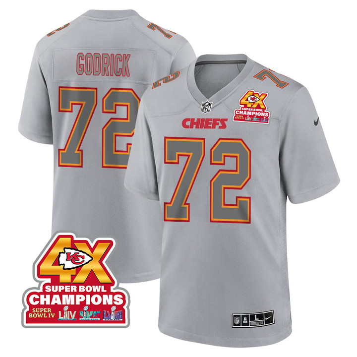 Chukwuebuka Godrick 72 Kansas City Chiefs Super Bowl LVIII Champions 4X Atmosphere Fashion Game Men Jersey - Gray