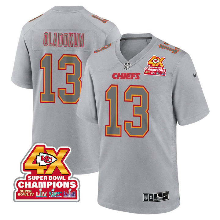 Chris Oladokun 13 Kansas City Chiefs Super Bowl LVIII Champions 4X Atmosphere Fashion Game Men Jersey - Gray