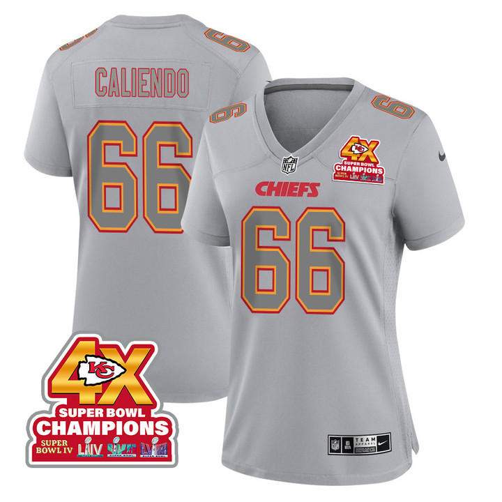 Mike Caliendo 66 Kansas City Chiefs Super Bowl LVIII Champions 4X Atmosphere Fashion Game Women Jersey - Gray