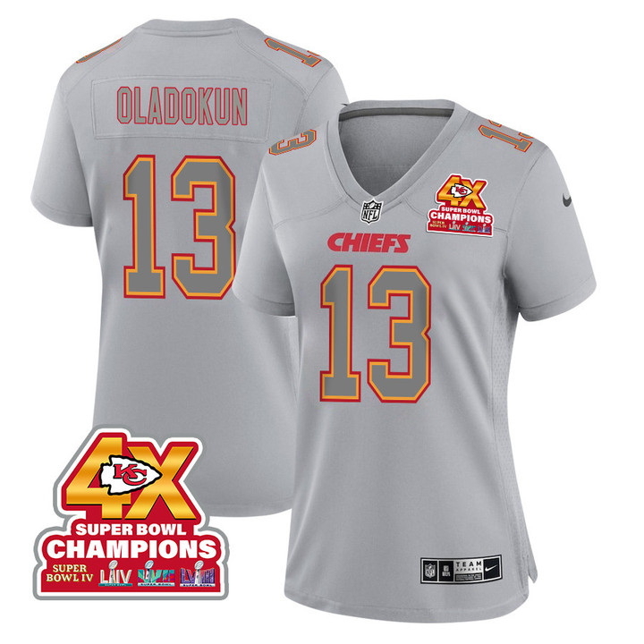 Chris Oladokun 13 Kansas City Chiefs Super Bowl LVIII Champions 4X Atmosphere Fashion Game Women Jersey - Gray
