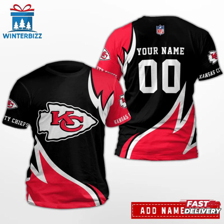 Kansas City Chiefs Team Sport Flame Style Custom Name & Number All Over Printed T-Shirt - Black/Red