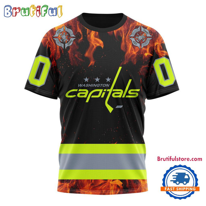 Washington Capitals Special Honoring Firefighters Custom Name Number All Over Printed T-shirt - Black