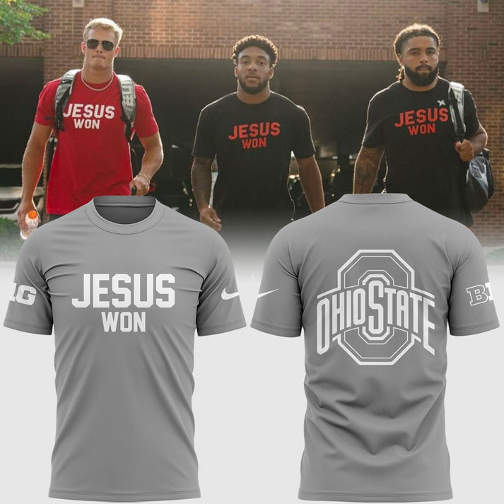 Ohio State JESUS WON All Over Printed T-shirt - Gray